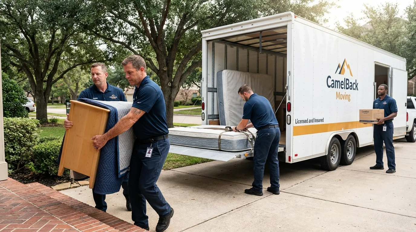 Crew loading residential truck for cross-state move from Baldwin, MI