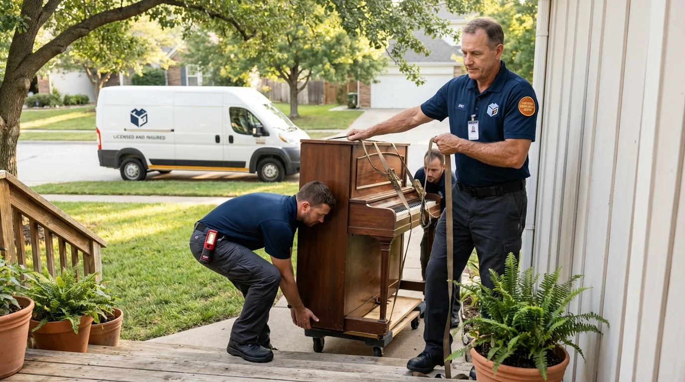 Licensed piano movers securing grand piano in Baldwin, MI
