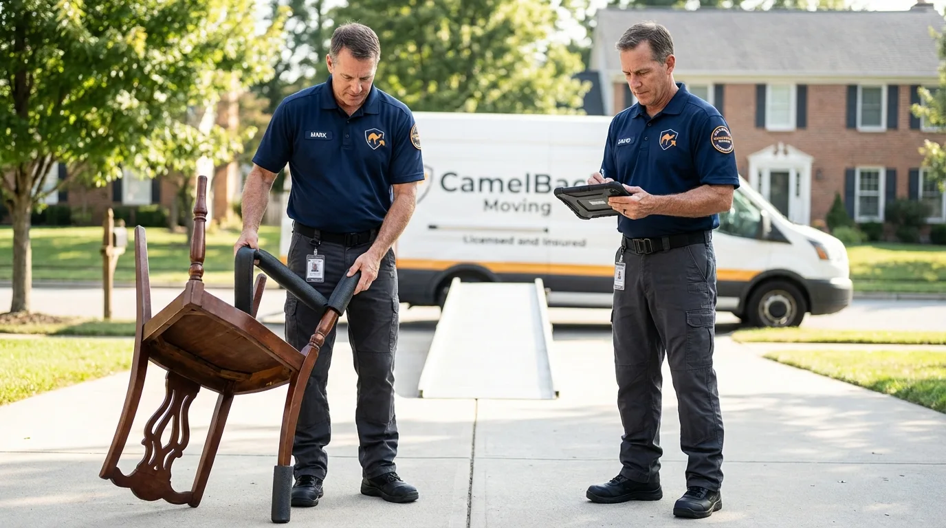 Movers inspecting furniture for damage prevention before loading in Baldwin, MI
