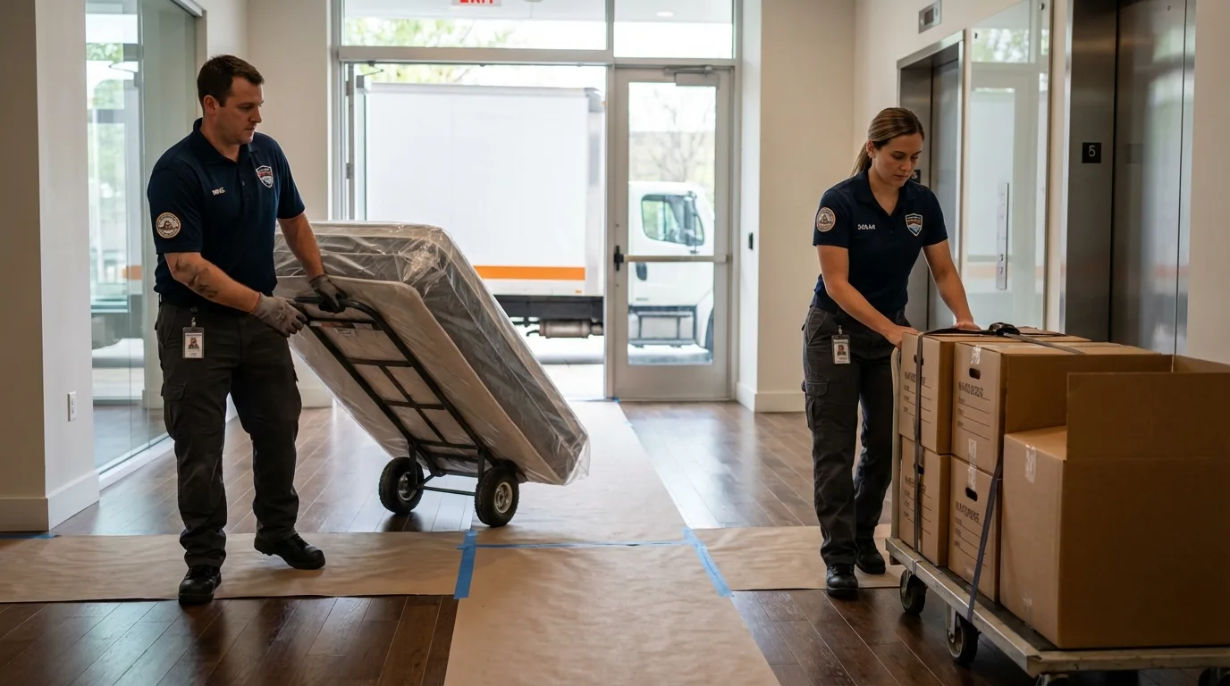 Professional apartment movers loading elevator in Baldwin, MI