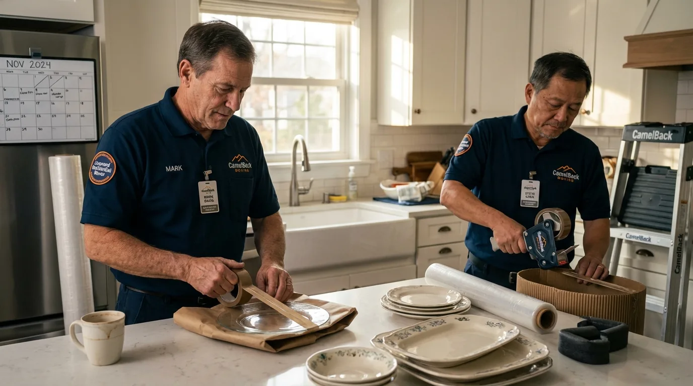 Professional crew packing kitchen dishware in Baldwin, MI